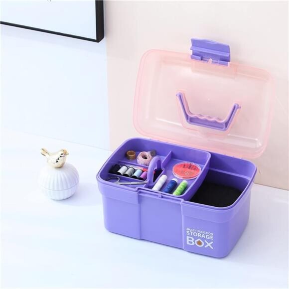11'' Plastic Box Organizer with Removable Tray, Sewing Box Organizer (Purple) - Picture 6 of 7
